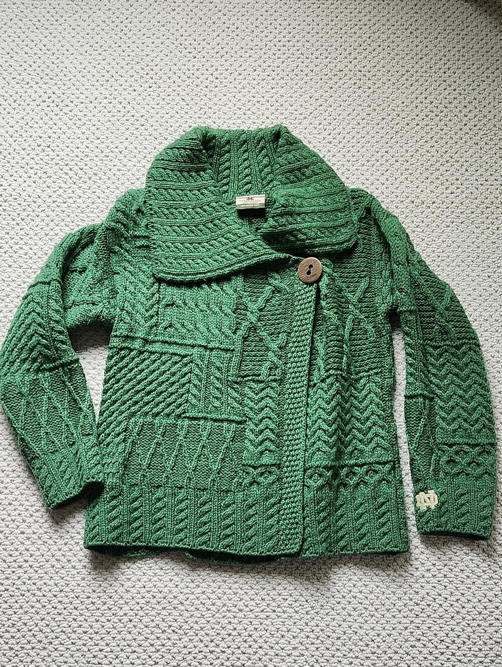 Ladies Notre Dame Green Chunky Cable-Knit Irish Sweater